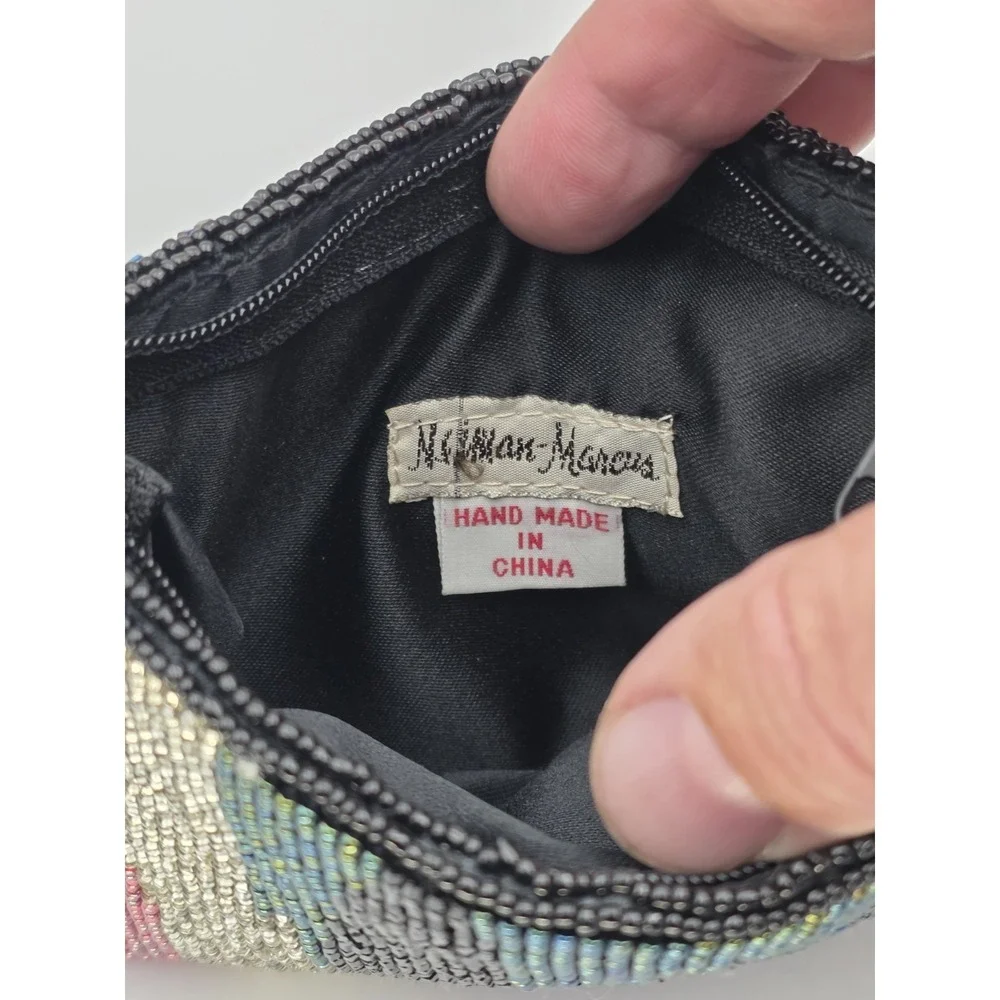 VTG Neiman‎ Marcus Beaded Coin Purse Clutch Abstract Zip Black Gold 6x4